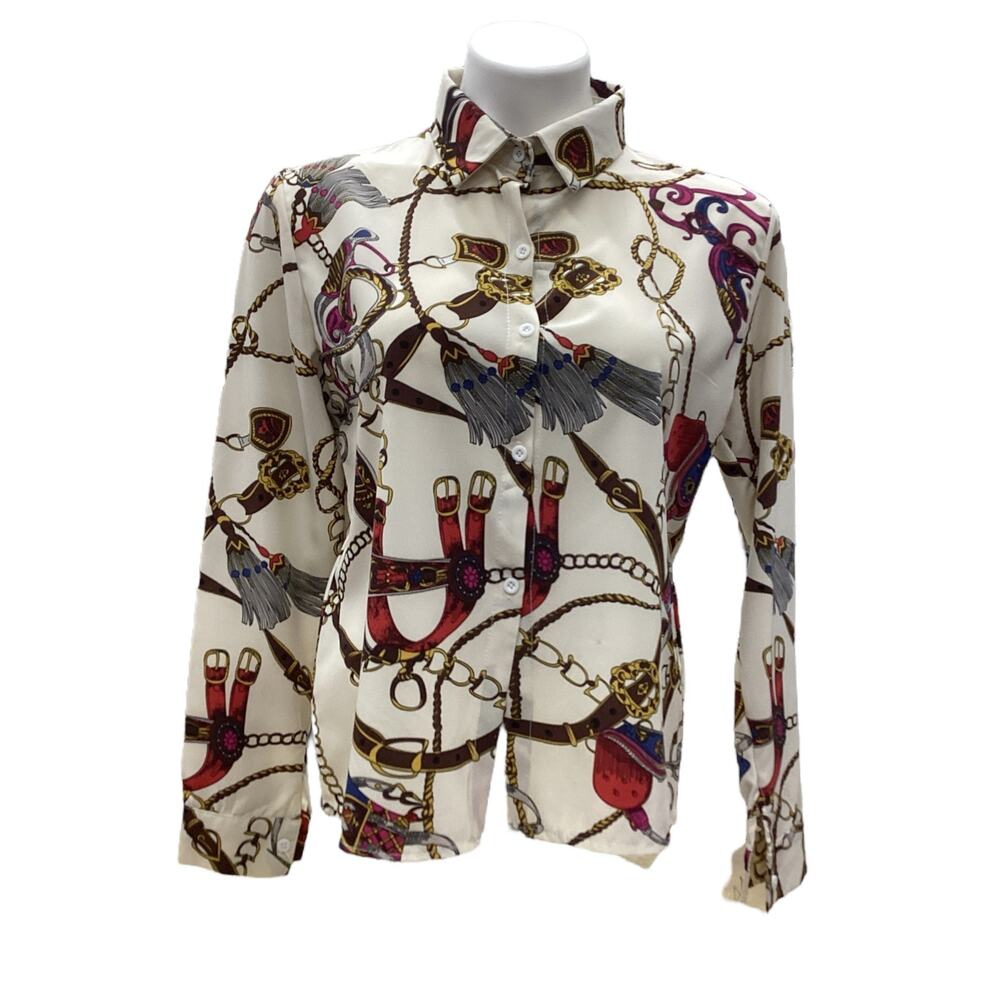 Vintage Women’s Top Size S Lightweight Saddle Print Off White And Multicolor